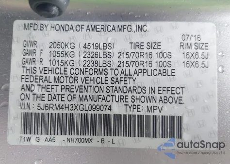 2016 Honda Cr-V Lx из США, поврежденный, VIN 5J6RM4H3XGL099074